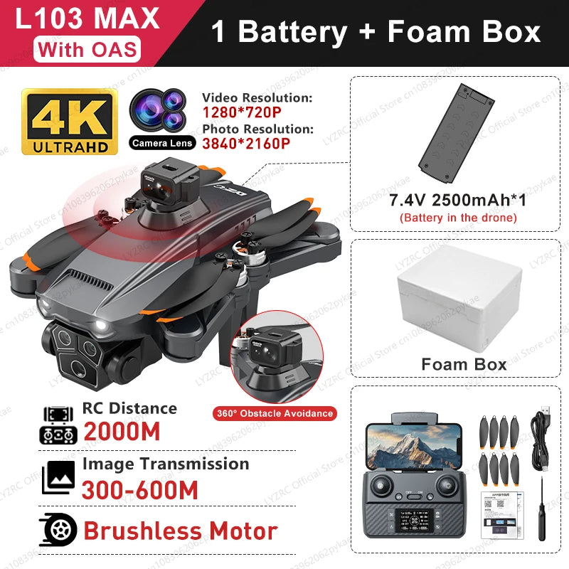 L103MAX GPS Drone HD 4K Triple Camera Motor Foldable Wifi FPV RC Quadcopter