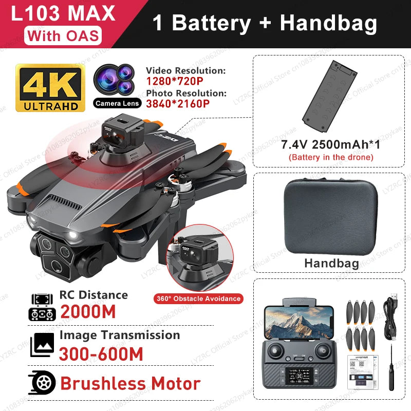 L103MAX GPS Drone HD 4K Triple Camera Motor Foldable Wifi FPV RC Quadcopter