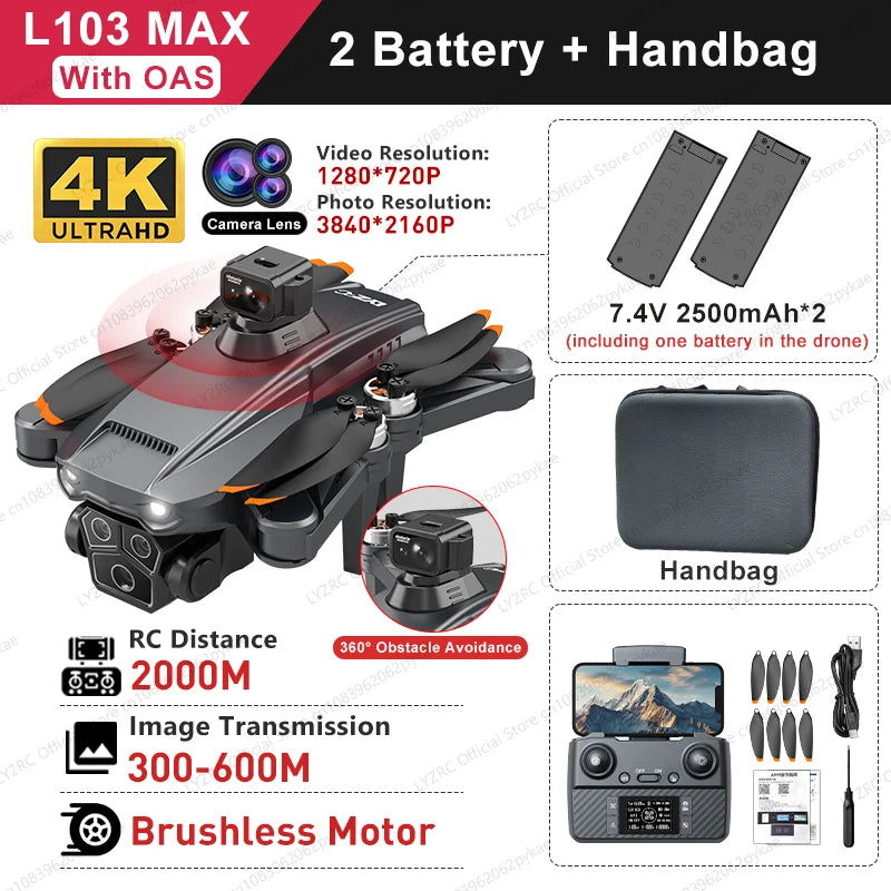 L103MAX GPS Drone HD 4K Triple Camera Motor Foldable Wifi FPV RC Quadcopter