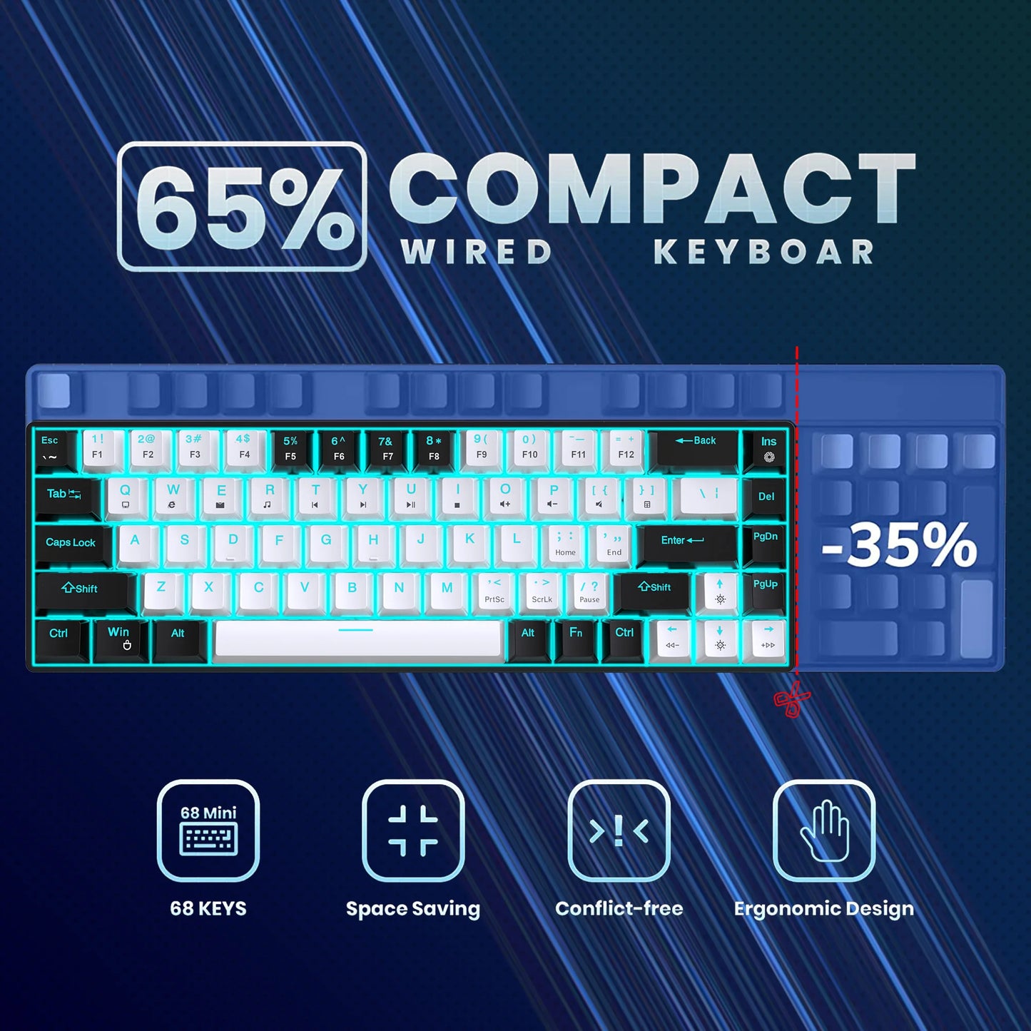 Mechanical Keyboard Ergonomics RGB Backlit LED 68Keys