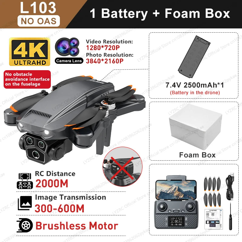 L103MAX GPS Drone HD 4K Triple Camera Motor Foldable Wifi FPV RC Quadcopter