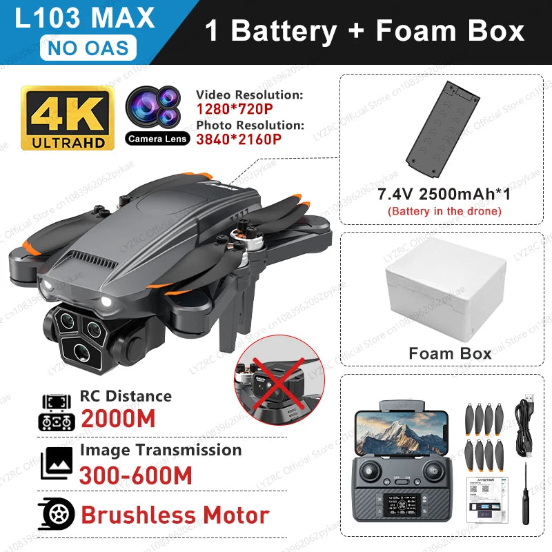 L103MAX GPS Drone HD 4K Triple Camera Motor Foldable Wifi FPV RC Quadcopter