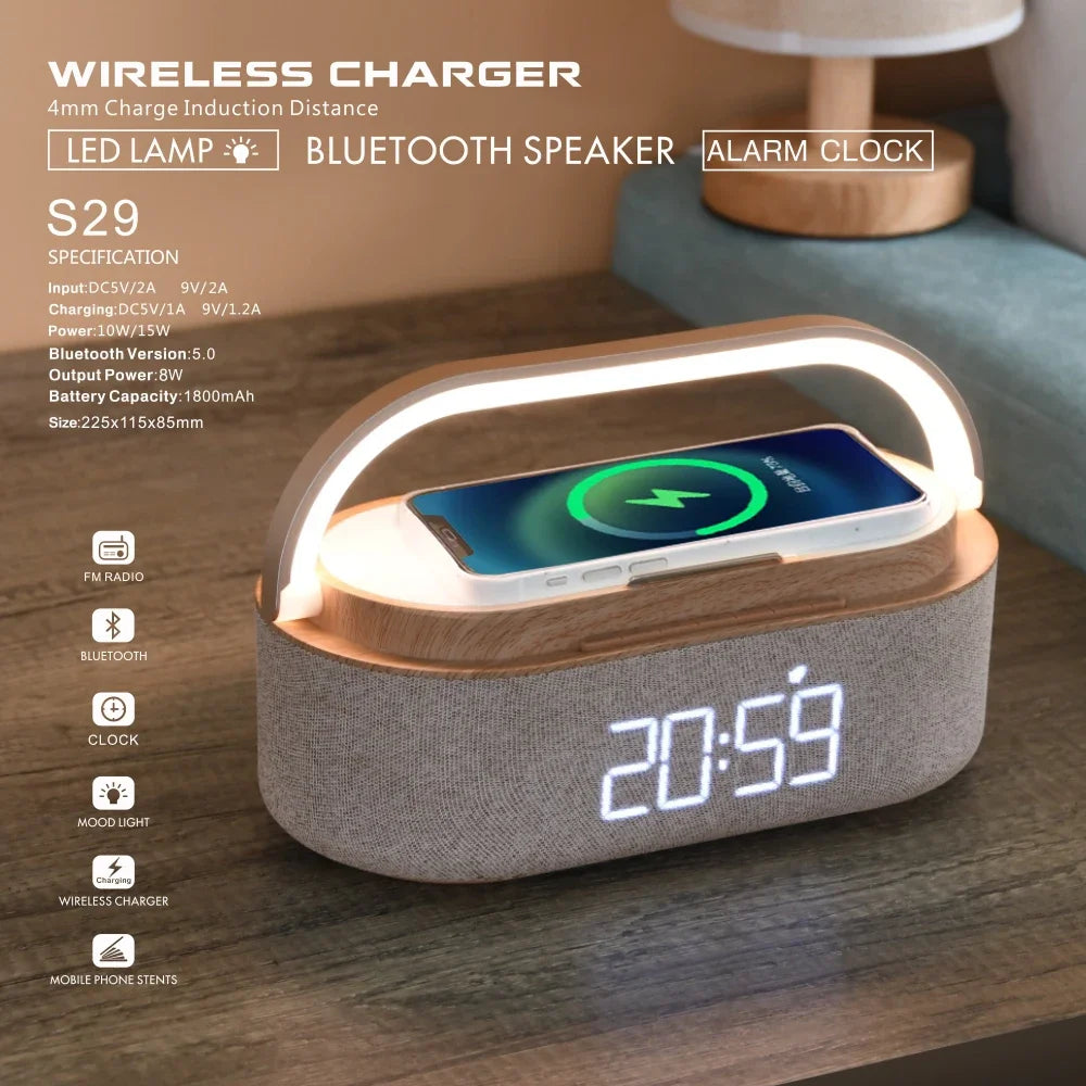 Wireless Charger 15W Portable Digital Alarm Clock Bluetooth Speaker