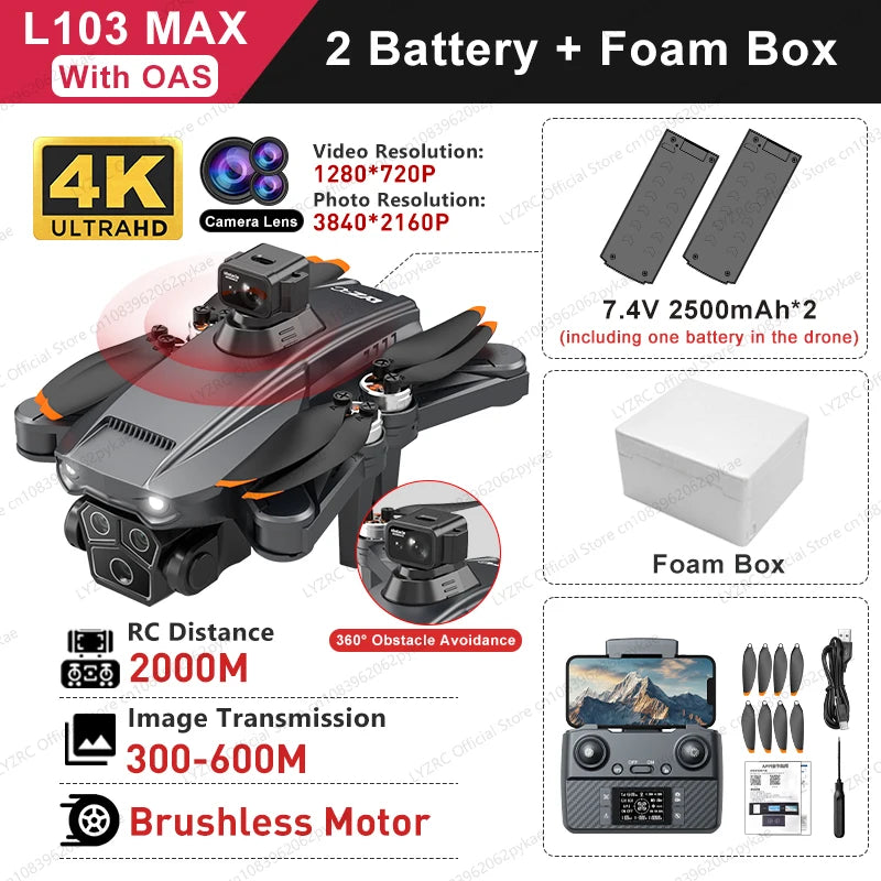 L103MAX GPS Drone HD 4K Triple Camera Motor Foldable Wifi FPV RC Quadcopter