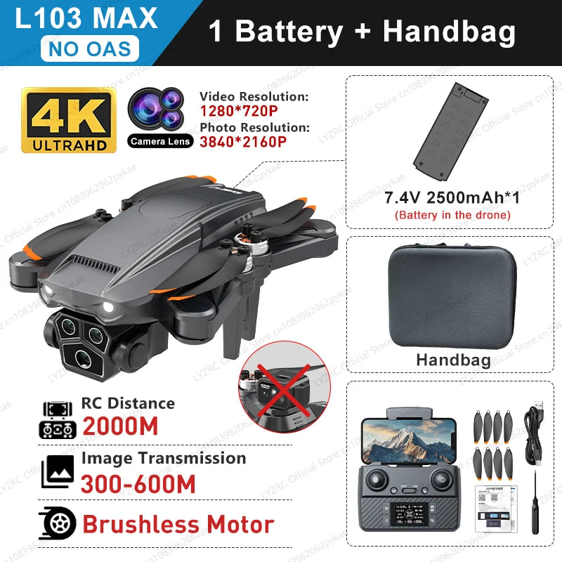 L103MAX GPS Drone HD 4K Triple Camera Motor Foldable Wifi FPV RC Quadcopter