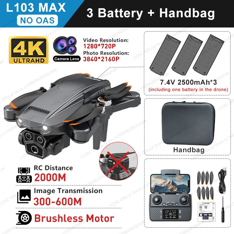 L103MAX GPS Drone HD 4K Triple Camera Motor Foldable Wifi FPV RC Quadcopter