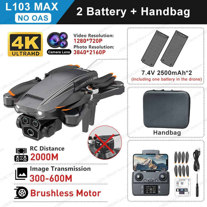 L103MAX GPS Drone HD 4K Triple Camera Motor Foldable Wifi FPV RC Quadcopter