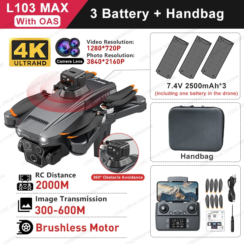 L103MAX GPS Drone HD 4K Triple Camera Motor Foldable Wifi FPV RC Quadcopter